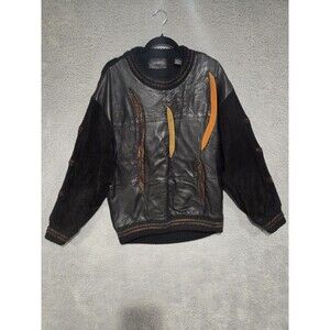 Vtg Saxony Sweater Mens L Black Leather Suede Knit Abstract 90s Coogi Style 3D
